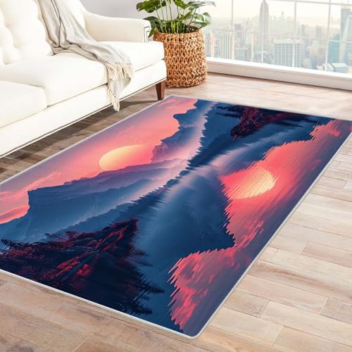 AMXBZC Moderne Design Weich Robuster Teppich Landschaft Sonnenuntergang Muster Waschbar ideal für Wohnzimmer, Esszimmer und Außenbereich, In- und Outdoor, Vintage-Optik(lila)-180x270cm von AMXBZC