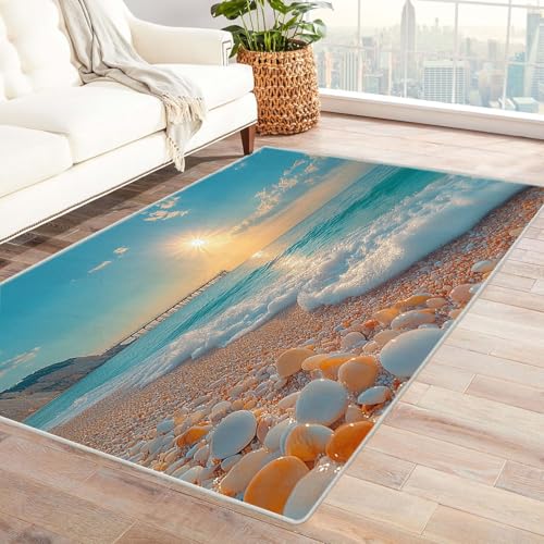 AMXBZC Moderne Design Weich Robuster Teppich Moderner Strandteppich Waschbar ideal für Wohnzimmer, Esszimmer und Außenbereich, In- und Outdoor, Vintage-Optik(blau)-210x300cm von AMXBZC
