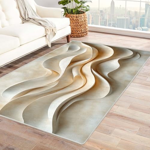 AMXBZC Moderne Design Weich Robuster Teppich Moderner Teppich mit einfachem Muster Waschbar ideal für Wohnzimmer, Esszimmer und Außenbereich, In- und Outdoor, Vintage-Optik(beige)-90x120cm von AMXBZC