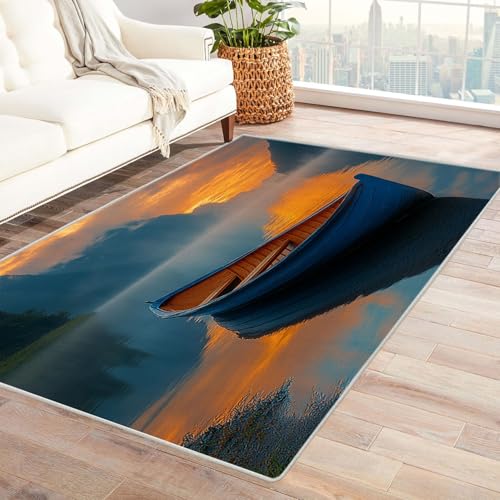 AMXBZC Moderne Design Weich Robuster Teppich Muster des Forest Beach Lake Waschbar ideal für Wohnzimmer, Esszimmer und Außenbereich, In- und Outdoor, Vintage-Optik(blau)-90x150cm von AMXBZC