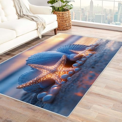 AMXBZC Moderne Design Weich Robuster Teppich Nacht Ozean Strand Muscheln Waschbar ideal für Wohnzimmer, Esszimmer und Außenbereich, In- und Outdoor, Vintage-Optik(lila)-210x270cm von AMXBZC