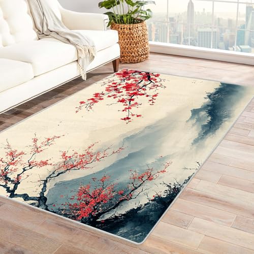 AMXBZC Moderne Design Weich Robuster Teppich Natürliche Blume Tusche Malerei Waschbar ideal für Wohnzimmer, Esszimmer und Außenbereich, In- und Outdoor, Vintage-Optik(Beige 3)-150x210cm von AMXBZC