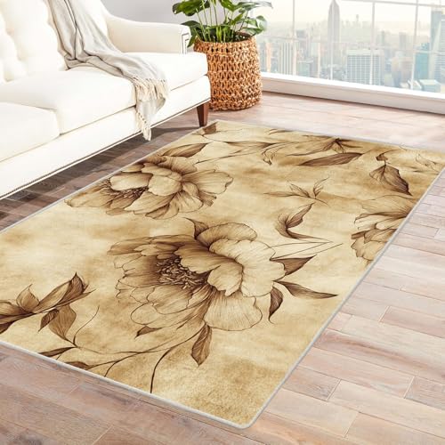 AMXBZC Moderne Design Weich Robuster Teppich Natürlicher süßer Blumenteppich Waschbar ideal für Wohnzimmer, Esszimmer und Außenbereich, In- und Outdoor, Vintage-Optik(beige)-120x150cm von AMXBZC