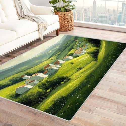 AMXBZC Moderne Design Weich Robuster Teppich Nature Cabin Tree Teppich Waschbar ideal für Wohnzimmer, Esszimmer und Außenbereich, In- und Outdoor, Vintage-Optik(grün)-240x300cm von AMXBZC