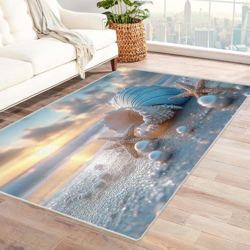 AMXBZC Moderne Design Weich Robuster Teppich Niedliche Muscheln am Strand Waschbar ideal für Wohnzimmer, Esszimmer und Außenbereich, In- und Outdoor, Vintage-Optik(blau)-180x240cm von AMXBZC