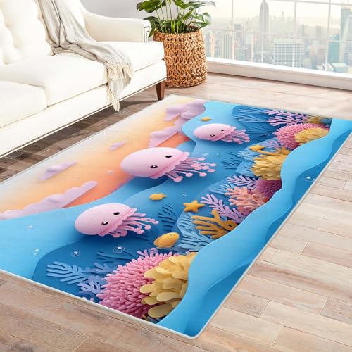 AMXBZC Moderne Design Weich Robuster Teppich Niedlicher Ozean Tierteppich Waschbar ideal für Wohnzimmer, Esszimmer und Außenbereich, In- und Outdoor, Vintage-Optik(rosa)-210x270cm von AMXBZC