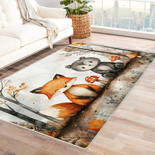 AMXBZC Moderne Design Weich Robuster Teppich Niedliches Muster für Waldtiere Waschbar ideal für Wohnzimmer, Esszimmer und Außenbereich, In- und Outdoor, Vintage-Optik(Braun 3)-210x300cm von AMXBZC