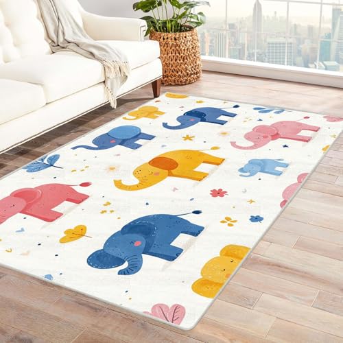 AMXBZC Moderne Design Weich Robuster Teppich Niedliches Tier Elefant Kinder Waschbar ideal für Wohnzimmer, Esszimmer und Außenbereich, In- und Outdoor, Vintage-Optik(Rosa 43)-210x300cm von AMXBZC