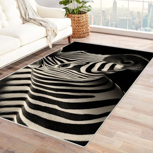 AMXBZC Moderne Design Weich Robuster Teppich Niedliches Tier Zebra Muster Waschbar ideal für Wohnzimmer, Esszimmer und Außenbereich, In- und Outdoor, Vintage-Optik(schwarz)-150x180cm von AMXBZC