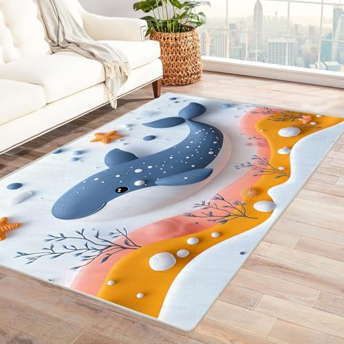 AMXBZC Moderne Design Weich Robuster Teppich Ozean Cartoon Tiere Pflanzen Waschbar ideal für Wohnzimmer, Esszimmer und Außenbereich, In- und Outdoor, Vintage-Optik(Blau 33)-240x300cm von AMXBZC