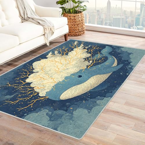 AMXBZC Moderne Design Weich Robuster Teppich Ozean Tiere Teppich Muster Waschbar ideal für Wohnzimmer, Esszimmer und Außenbereich, In- und Outdoor, Vintage-Optik(blau)-60x90cm von AMXBZC