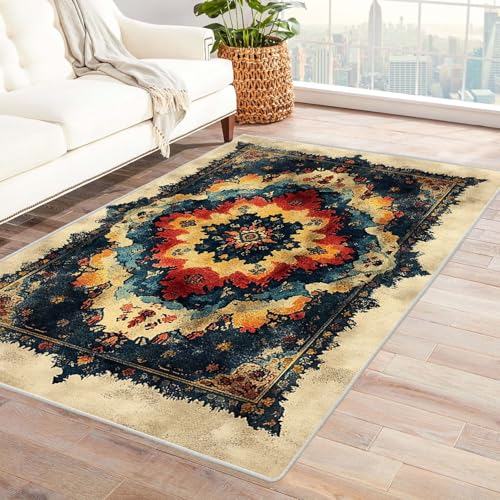 AMXBZC Moderne Design Weich Robuster Teppich Retro Abstrakte Blumen Waschbar ideal für Wohnzimmer, Esszimmer und Außenbereich, In- und Outdoor, Vintage-Optik(Beige 3)-210x270cm von AMXBZC