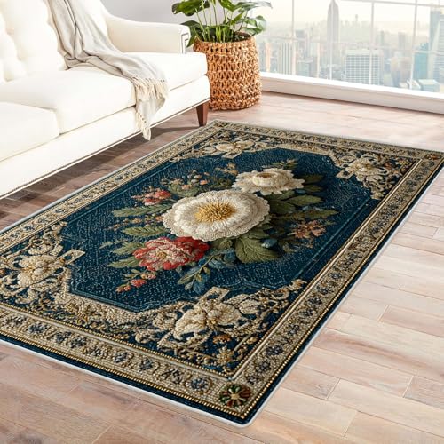 AMXBZC Moderne Design Weich Robuster Teppich Retro Blumenmuster Waschbar ideal für Wohnzimmer, Esszimmer und Außenbereich, In- und Outdoor, Vintage-Optik(beige)-120x150cm von AMXBZC