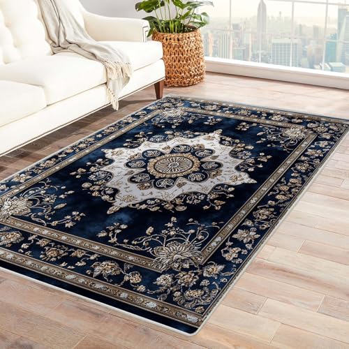 AMXBZC Moderne Design Weich Robuster Teppich Retro Blumenmuster Waschbar ideal für Wohnzimmer, Esszimmer und Außenbereich, In- und Outdoor, Vintage-Optik(blau)-60x90cm von AMXBZC