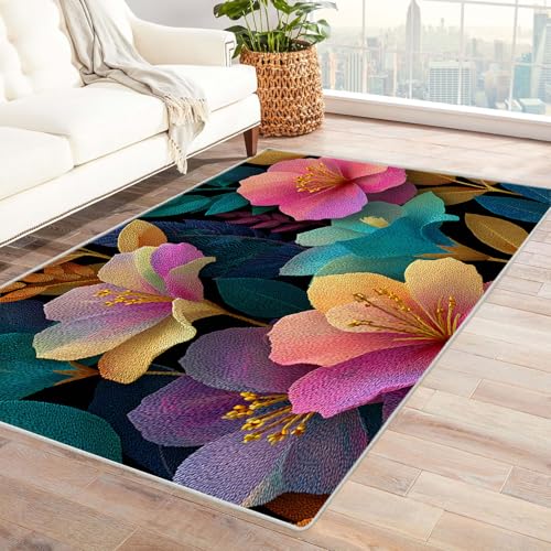 AMXBZC Moderne Design Weich Robuster Teppich Retro Farbige Blumen Waschbar ideal für Wohnzimmer, Esszimmer und Außenbereich, In- und Outdoor, Vintage-Optik(lila)-150x240cm von AMXBZC