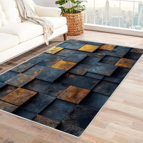 AMXBZC Moderne Design Weich Robuster Teppich Retro Geometrisches Muster Waschbar ideal für Wohnzimmer, Esszimmer und Außenbereich, In- und Outdoor, Vintage-Optik(Gold 3)-150x180cm von AMXBZC