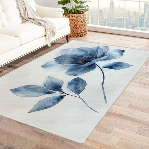 AMXBZC Moderne Design Weich Robuster Teppich Retro Schöne Blumen Waschbar ideal für Wohnzimmer, Esszimmer und Außenbereich, In- und Outdoor, Vintage-Optik(Blau 73)-60x90cm von AMXBZC