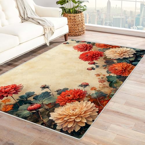 AMXBZC Moderne Design Weich Robuster Teppich Roter Vintage-Blumenteppich Waschbar ideal für Wohnzimmer, Esszimmer und Außenbereich, In- und Outdoor, Vintage-Optik(beige)-60x90cm von AMXBZC