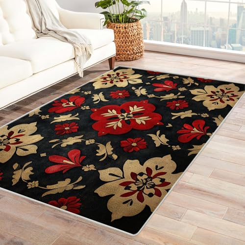 AMXBZC Moderne Design Weich Robuster Teppich Schöne Pflanzenmuster Waschbar ideal für Wohnzimmer, Esszimmer und Außenbereich, In- und Outdoor, Vintage-Optik(Rot 3)-210x300cm von AMXBZC