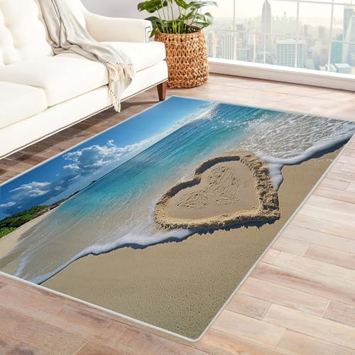 AMXBZC Moderne Design Weich Robuster Teppich Schöne Strandlandschaft Waschbar ideal für Wohnzimmer, Esszimmer und Außenbereich, In- und Outdoor, Vintage-Optik(blau)-60x90cm von AMXBZC