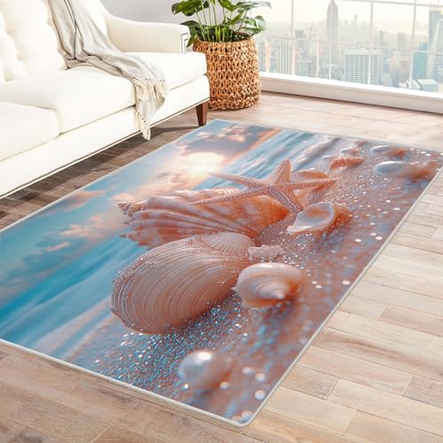 AMXBZC Moderne Design Weich Robuster Teppich Schöne Strandmuscheln Waschbar ideal für Wohnzimmer, Esszimmer und Außenbereich, In- und Outdoor, Vintage-Optik(rosa)-150x210cm von AMXBZC