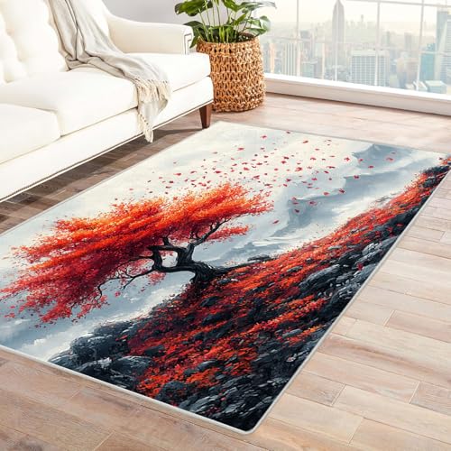 AMXBZC Moderne Design Weich Robuster Teppich Schöner Baum des Lebens Teppich Waschbar ideal für Wohnzimmer, Esszimmer und Außenbereich, In- und Outdoor, Vintage-Optik(Rot 23)-120x150cm von AMXBZC