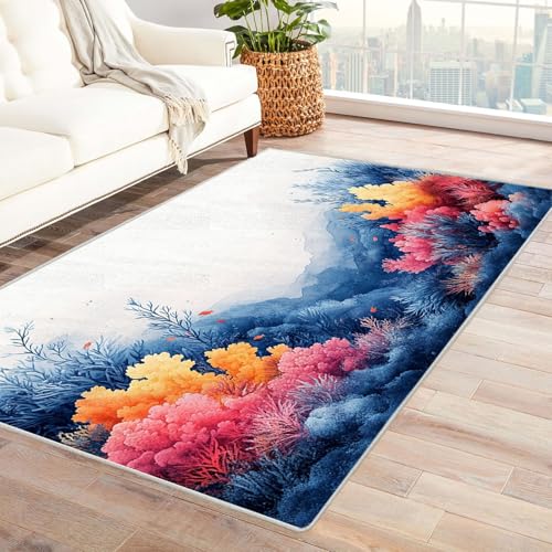 AMXBZC Moderne Design Weich Robuster Teppich Schöner Ocean Plant Teppich Waschbar ideal für Wohnzimmer, Esszimmer und Außenbereich, In- und Outdoor, Vintage-Optik(Orange)-120x180cm von AMXBZC
