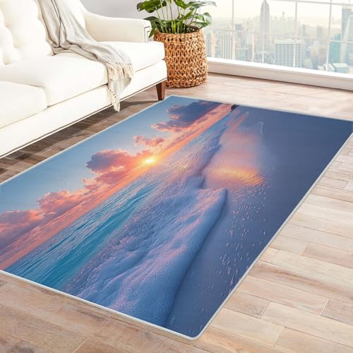 AMXBZC Moderne Design Weich Robuster Teppich Schöner Seascape Painting Teppich Waschbar ideal für Wohnzimmer, Esszimmer und Außenbereich, In- und Outdoor, Vintage-Optik(Blau)-150x240cm von AMXBZC