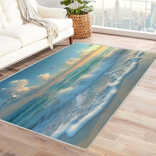 AMXBZC Moderne Design Weich Robuster Teppich Schönes Strandlandschaftsmuster Waschbar ideal für Wohnzimmer, Esszimmer und Außenbereich, In- und Outdoor, Vintage-Optik(Blau)-180x270cm von AMXBZC