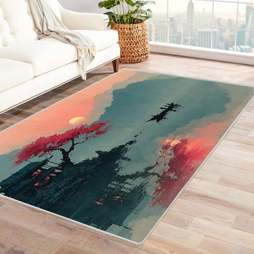 AMXBZC Moderne Design Weich Robuster Teppich Seebaum-Landschaftsmuster Waschbar ideal für Wohnzimmer, Esszimmer und Außenbereich, In- und Outdoor, Vintage-Optik(Rot 43)-210x270cm von AMXBZC