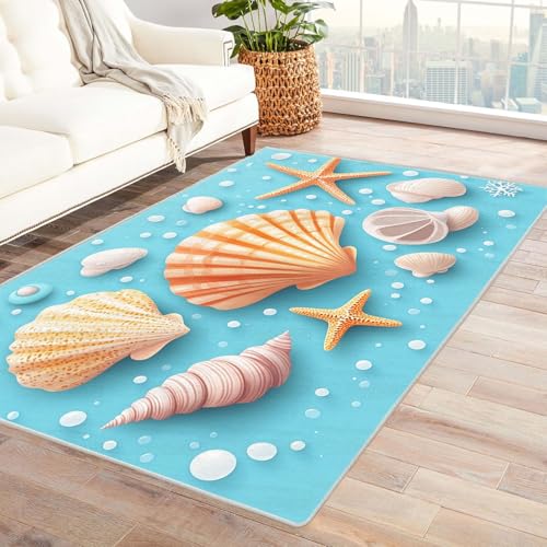 AMXBZC Moderne Design Weich Robuster Teppich Strand Bunte Muscheln Teppich Waschbar ideal für Wohnzimmer, Esszimmer und Außenbereich, In- und Outdoor, Vintage-Optik(Gelb)-210x300cm von AMXBZC