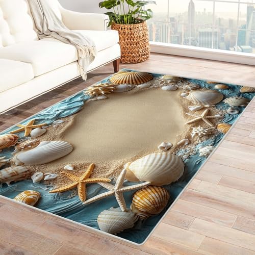 AMXBZC Moderne Design Weich Robuster Teppich Strandmuscheln Grüne Blätter Waschbar ideal für Wohnzimmer, Esszimmer und Außenbereich, In- und Outdoor, Vintage-Optik(beige)-120x150cm von AMXBZC