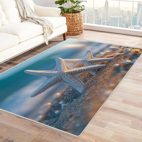 AMXBZC Moderne Design Weich Robuster Teppich Strandmuscheln Muster Teppich Waschbar ideal für Wohnzimmer, Esszimmer und Außenbereich, In- und Outdoor, Vintage-Optik(weiß)-60x90cm von AMXBZC