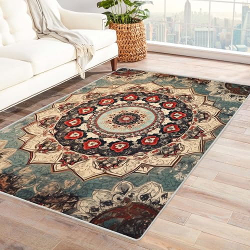 AMXBZC Moderne Design Weich Robuster Teppich Teppich mit Vintage-Muster Waschbar ideal für Wohnzimmer, Esszimmer und Außenbereich, In- und Outdoor, Vintage-Optik(rot)-150x180cm von AMXBZC