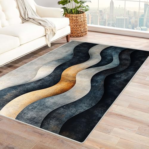 AMXBZC Moderne Design Weich Robuster Teppich Teppich mit abstraktem Texturmuster Waschbar ideal für Wohnzimmer, Esszimmer und Außenbereich, In- und Outdoor, Vintage-Optik(schwarz)-90x150cm von AMXBZC