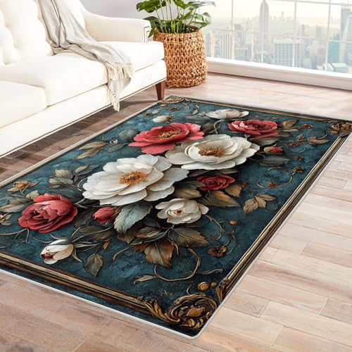AMXBZC Moderne Design Weich Robuster Teppich Vintage Natürliche Blumen Waschbar ideal für Wohnzimmer, Esszimmer und Außenbereich, In- und Outdoor, Vintage-Optik(Rot 3)-180x270cm von AMXBZC