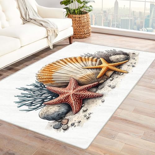 AMXBZC Moderne Design Weich Robuster Teppich Vintage Ocean Beach Muscheln Waschbar ideal für Wohnzimmer, Esszimmer und Außenbereich, In- und Outdoor, Vintage-Optik(Gelb)-150x210cm von AMXBZC