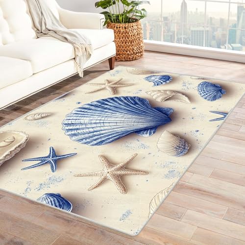 AMXBZC Moderne Design Weich Robuster Teppich Vintage Strandmuschel Muster Waschbar ideal für Wohnzimmer, Esszimmer und Außenbereich, In- und Outdoor, Vintage-Optik(Blau)-120x150cm von AMXBZC
