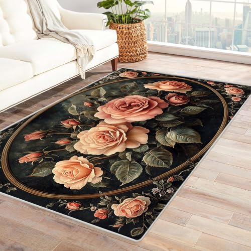 AMXBZC Moderne Design Weich Robuster Teppich Vintage Teppich mit Blumenmuster Waschbar ideal für Wohnzimmer, Esszimmer und Außenbereich, In- und Outdoor, Vintage-Optik(rot)-210x300cm von AMXBZC