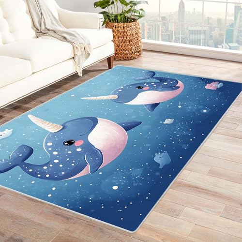 AMXBZC Moderne Design Weich Robuster Teppich süßes delfinjunges mädchen Waschbar ideal für Wohnzimmer, Esszimmer und Außenbereich, In- und Outdoor, Vintage-Optik(Blau 53)-90x120cm von AMXBZC