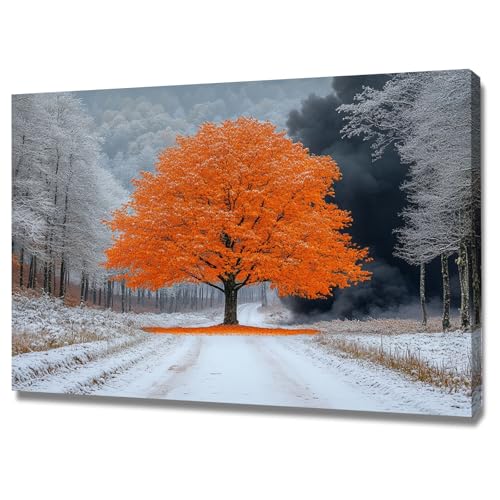 AMXBZC Moderne Landschaft Wandkunst Bilder Naturbelassene Wald-Winterlandschaft Pflanze Drucke -Büro Küche - Badezimmer Kunstdrucke Wandbilder Wohnzimmer Gemälde(Orange)-60x90cm Gerahmt von AMXBZC