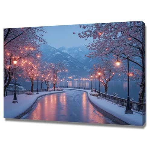 AMXBZC Moderne Landschaft Wandkunst Bilder Schöne Baumschneeszene Nature Pflanze Wandbild - für Badezimmer Küche Wohnzimmer Wanddekoration(Rosa)-40x60cm Gerahmt von AMXBZC