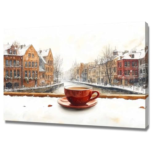 AMXBZC Moderne Landschaft Wandkunst Bilder Vintage Winter Stadtlandschaft Pflanze Drucke -Büro Küche - Badezimmer Kunstdrucke Wandbilder Wohnzimmer Gemälde(rot)-60x90cm Gerahmt von AMXBZC