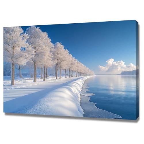 AMXBZC Moderne Landschaft Wandkunst Bilder Winter Bäume am See Landschaft Pflanze Drucke -Büro Küche - Badezimmer Kunstdrucke Wandbilder Wohnzimmer Gemälde(blau)-20x30cm Gerahmt von AMXBZC