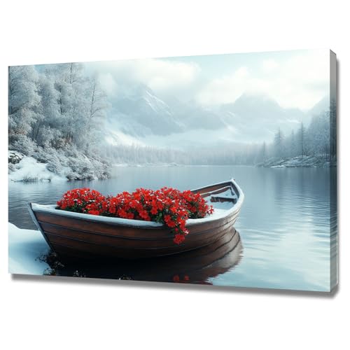 AMXBZC Moderne Landschaft Wandkunst Bilder Winter Bergbäume Blumen Nature Pflanze Wandbild - für Badezimmer Küche Wohnzimmer Wanddekoration(rot)-60x90cm Gerahmt von AMXBZC