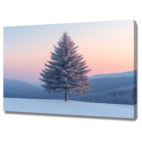 AMXBZC Moderne Landschaft Wandkunst Bilder Winter Wald Bäume Berge Pflanze Drucke -Büro Küche - Badezimmer Kunstdrucke Wandbilder Wohnzimmer Gemälde(Rosa)-40x60cm Gerahmt von AMXBZC