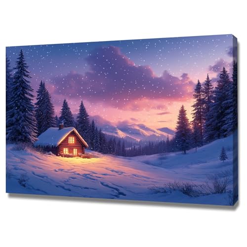 AMXBZC Moderne Landschaft Wandkunst Bilder Winterhüttenbaum-Szene Nature Pflanze Wandbild - für Badezimmer Küche Wohnzimmer Wanddekoration(lila)-80x120cm Gerahmt von AMXBZC