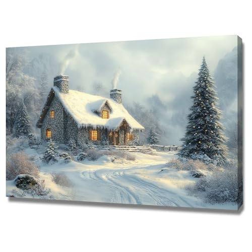 AMXBZC Moderne Landschaft Wandkunst Bilder Winterwaldhütten im Winter Pflanze Drucke -Büro Küche - Badezimmer Kunstdrucke Wandbilder Wohnzimmer Gemälde(weiß)-60x90cm Gerahmt von AMXBZC