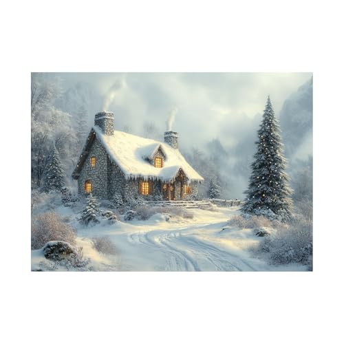 AMXBZC Moderne Landschaft Wandkunst Bilder Winterwaldhütten im Winter Pflanze Drucke -Büro Küche - Badezimmer Kunstdrucke Wandbilder Wohnzimmer Gemälde(weiß)-80x120cm Ungerahmt von AMXBZC