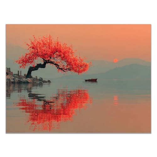 AMXBZC Moderne Leinwand Bilder Baum Sonnenuntergang am See Nature Pflanze Drucke -Büro Küche - Badezimmer Kunstdrucke Wandbilder Wohnzimmer Gemälde(rot)-60x90cm Ungerahmt von AMXBZC